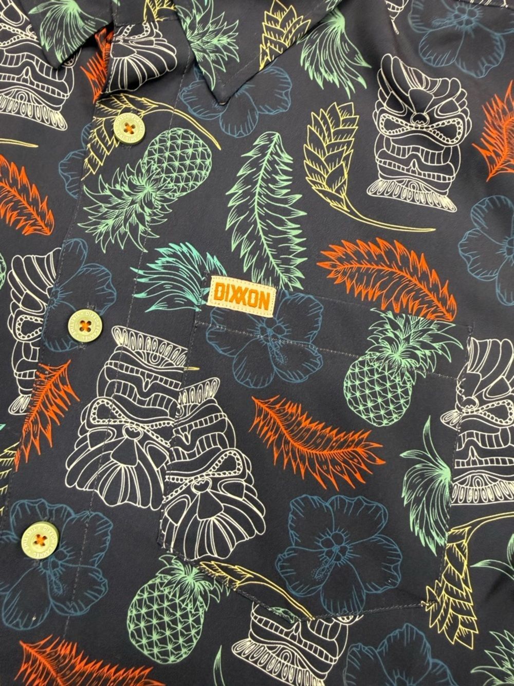Dixxon “Tiki Time”  Navy Tropical Print Short Sleeve Button-Up Shirt Lightweight - Picture 4 of 7